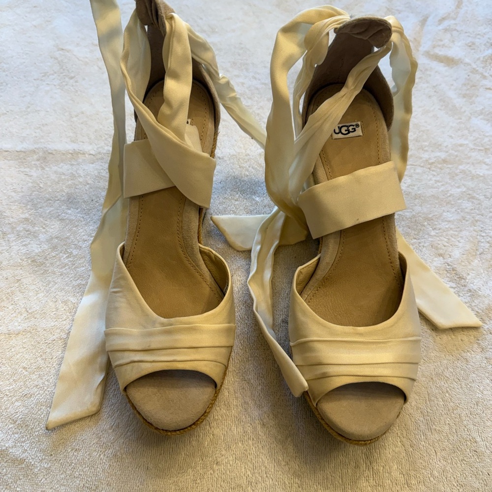 UGG Women's Cream Satin Wrap Heels. Size 8